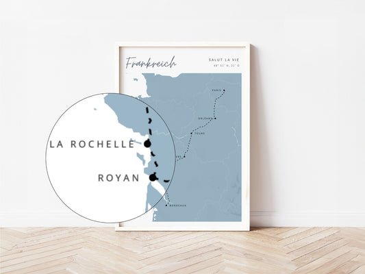 Reiseposter in weißem Rahmen bildet eine individuelle Reiseroute ab